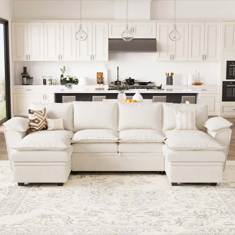 Canapé-lit modulaire en chenille à 4 places avec rangement en chenille et canapé-lit modulaire, Chenille beige