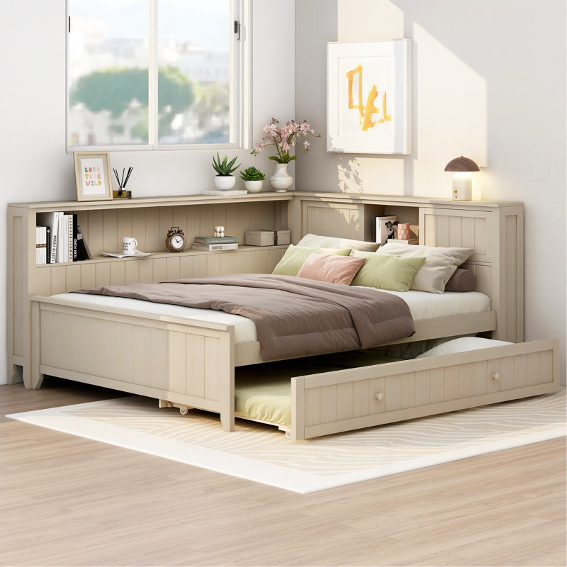 Lit de jour en bois pleine grandeur avec tablettes de rangement et lit gigogne, lait blanc antique