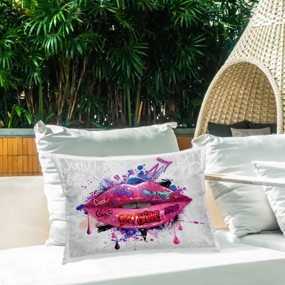 Urban Graffiti Lips Outdoor Printed Pillow by Reinders