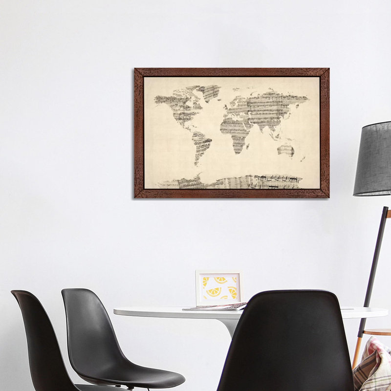 Old Sheet Music World Map by Michael Tompsett - Print on Canvas, 152.5 cm H x 101.5 cm W, Brown Framed
