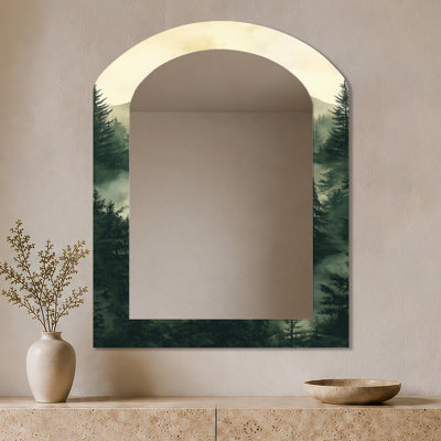 Miroir mural vert en arc rustique - Fading Morning Light Gradient Forest Landscape I, impression sur métal