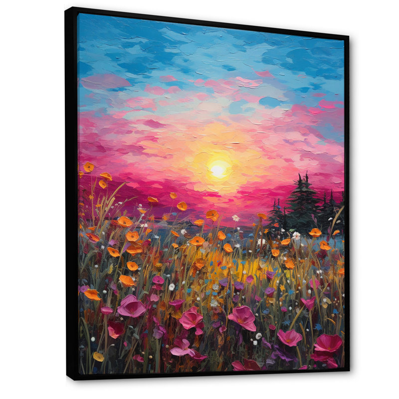 «Breathtake Sunset In Blossoming Flower Meadows I», reproduction sur toile, H 32 po x l 16 po x P 1 po, Cadre flottant noir
