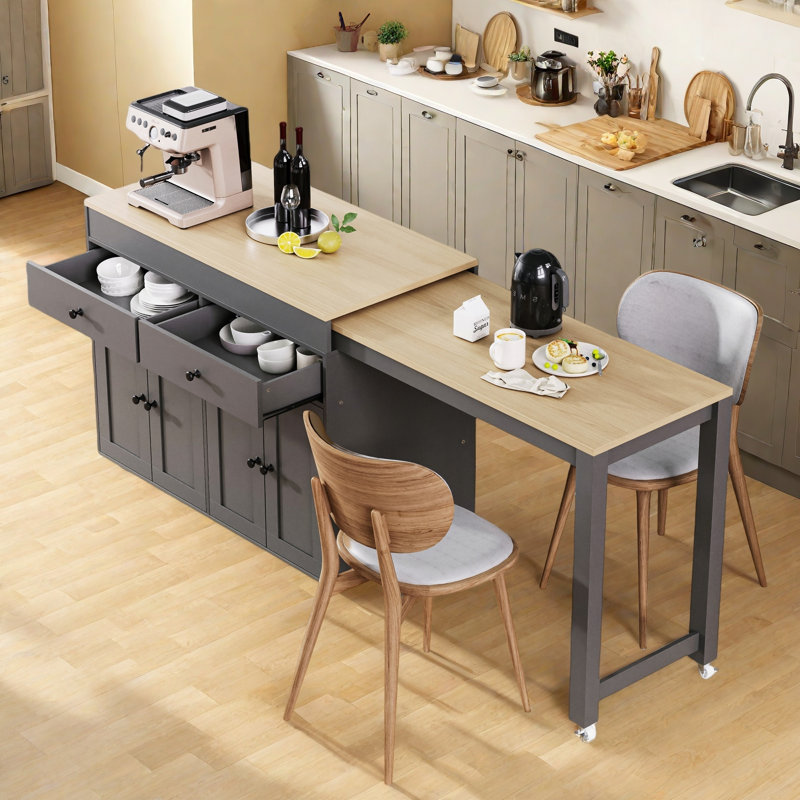 Kitchen Island With Extendable Dining Table, Wheels, Spice Rack, 2 Drawers And Cabinets, Gray