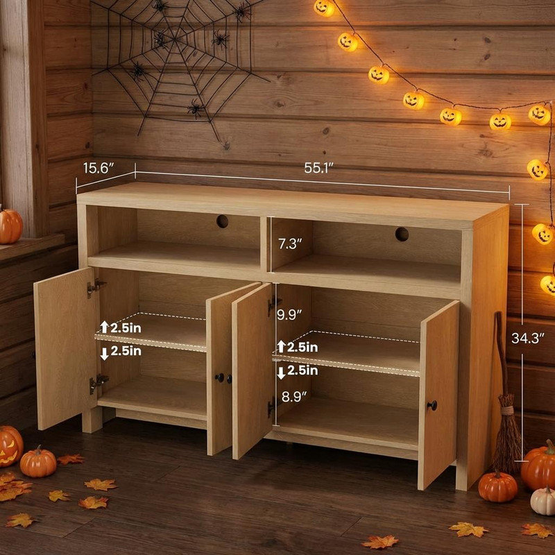 Sideboard Buffet Cabinet with Storage, 55" Modern Coffee Bar Cabinet with Adjustable Shelves & 4 Doors, Wood Buffet Console Table for Kitchen Dining Room Living Room