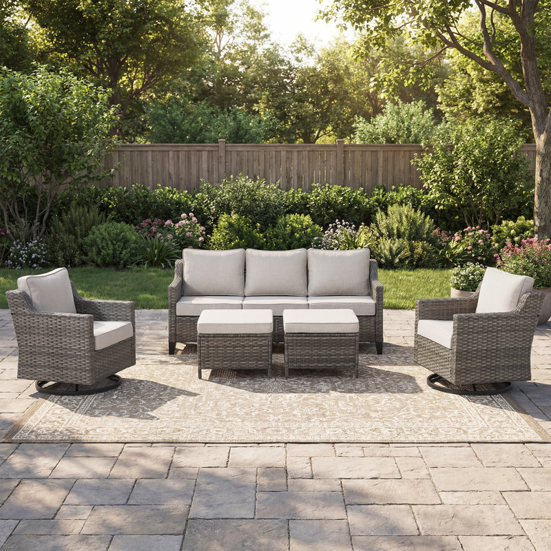 Arlene 5 Person Outdoor Wicker Patio Set With Swivel Rocking Chairs, Beige