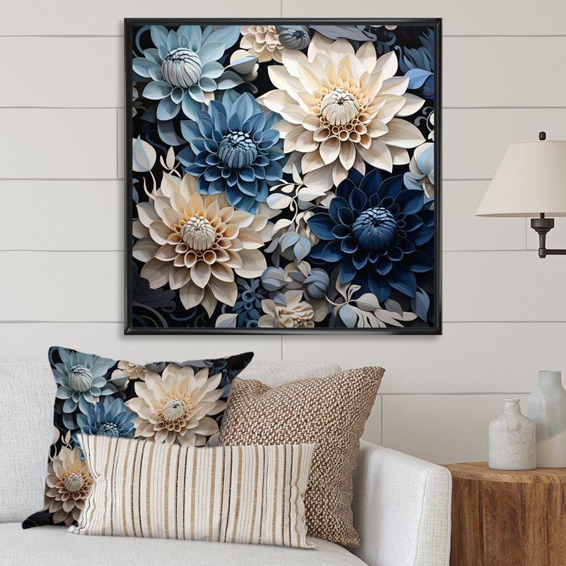 Décoration florale bleue et blanche - Dahlia, Black Picture Framed, 24" H x 24" W