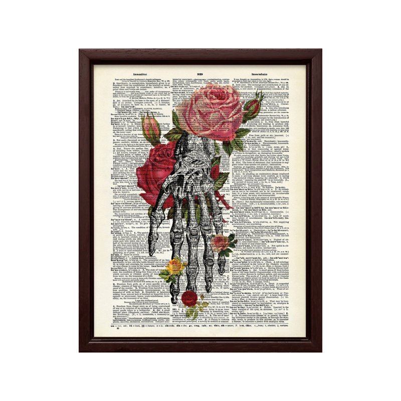 Fleurs et main de squelette, Canvas, 11"H x 14"W, Brown Framed