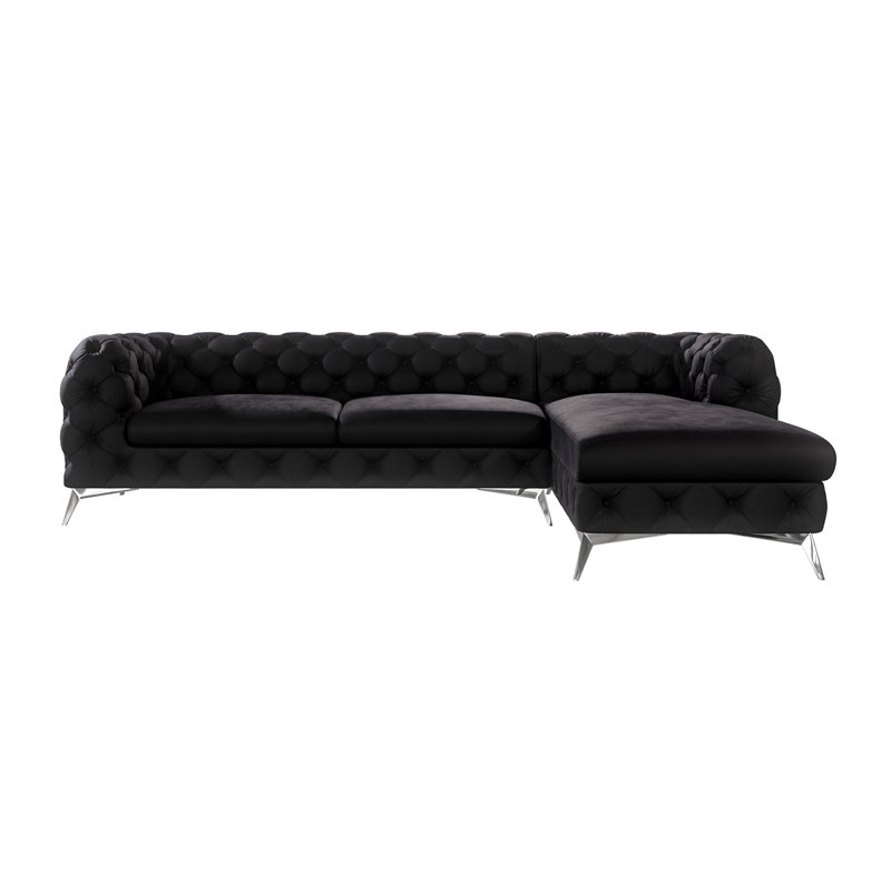 Chesterfield Corner Chaise Sofa  with Silver Metal Legs, Right Hand Facing, Black