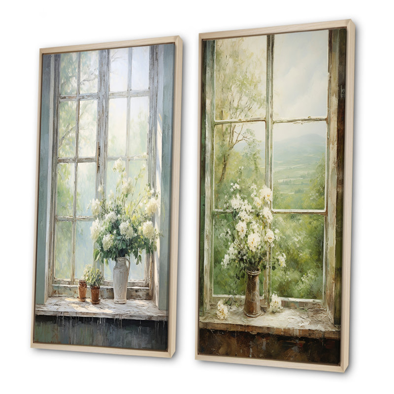«Countryside Calm Blooms Farm Windows I», ensemble de 2 impressions sur toile, Encadrement brun, H 32 po x l 33 po