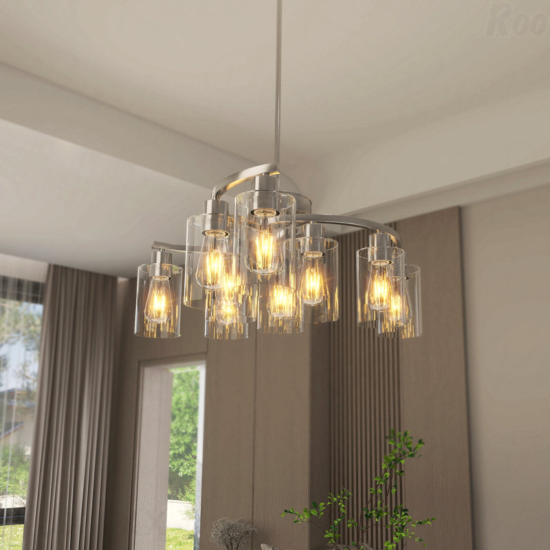 Lustre - configuration en verre nickel brossé à 9 lumières, hauteur réglable, salle à manger suspendue de style industriel au-dessus d'une table