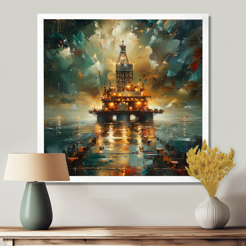 Décoration murale verte et noire «Oil Offshore Drill», Toile encadrée blanche avec une seule photo