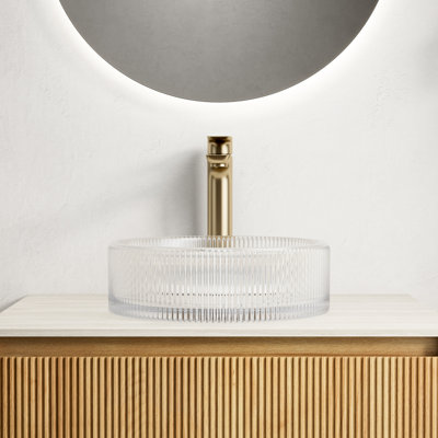 14 - Inch Round Transparent Crystal Glass Bathroom Sink, Artistic Striped Design, Suitable For Cabinets, Clean Appearance, Easy To Maintain Daily, 14.27*4.56 Size, Recommended Stopper 14.27 Sink