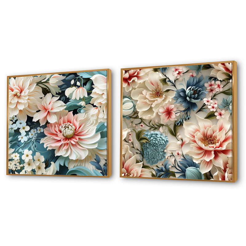 Rose et blanc motif cachemire de jardin - Ensemble de 2 collages carrés botaniques abstraits, Cadre flottant doré