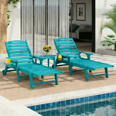 Outdoor Wood Texture Pool Reclining Lounge Chaise  With Wheels & Cup Holder (Set of 2)