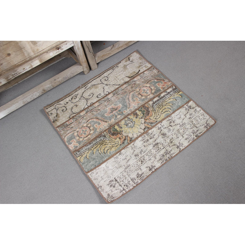 Handcrafted Vintage Turkish Door Mat with Beige and Blue Floral Patterns as a Unique Home Decor Entryway Accent