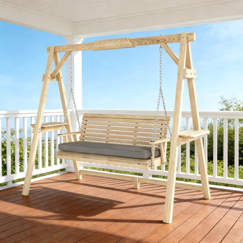 Outdoor Conversation Swing,Wooden Garden Swing Chair, Beige
