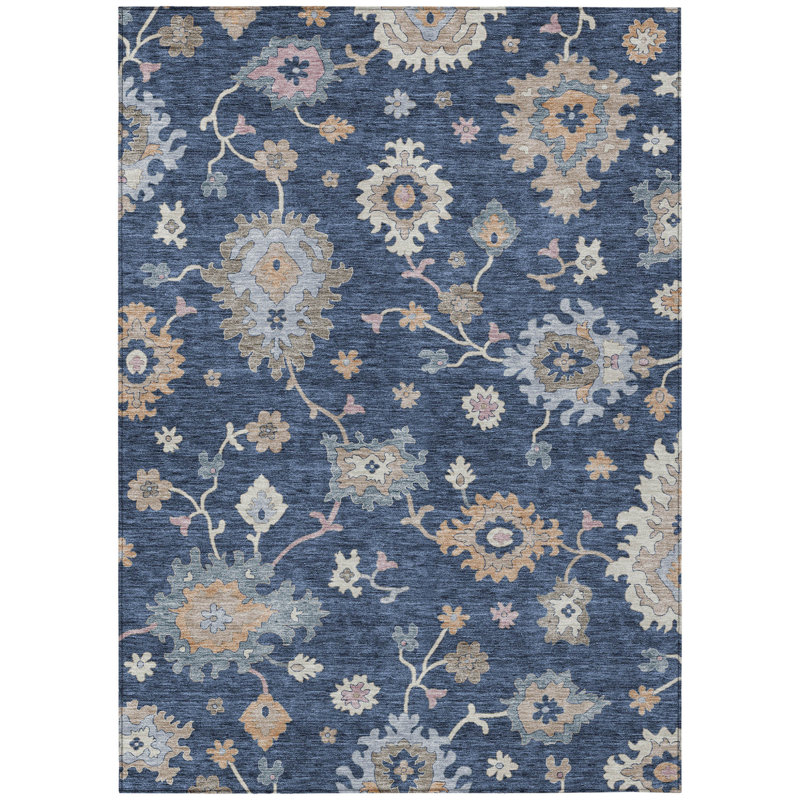 Tapis extérieur lavable floral bleu marine beige et gris 3 pi x 5 pi