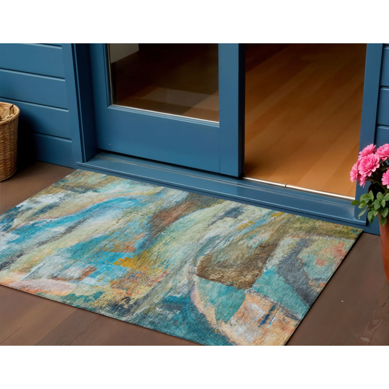 Tapis intérieur/extérieur lavable, abstrait, bleu sarcelle, cuivre et beige, 90 x 150 cm
