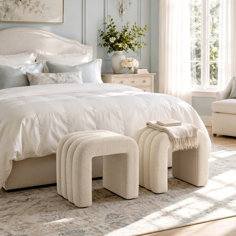 Rienna 19.3" Wide Modern Channel-Tufted U-Shaped Ottoman, Beige Linen