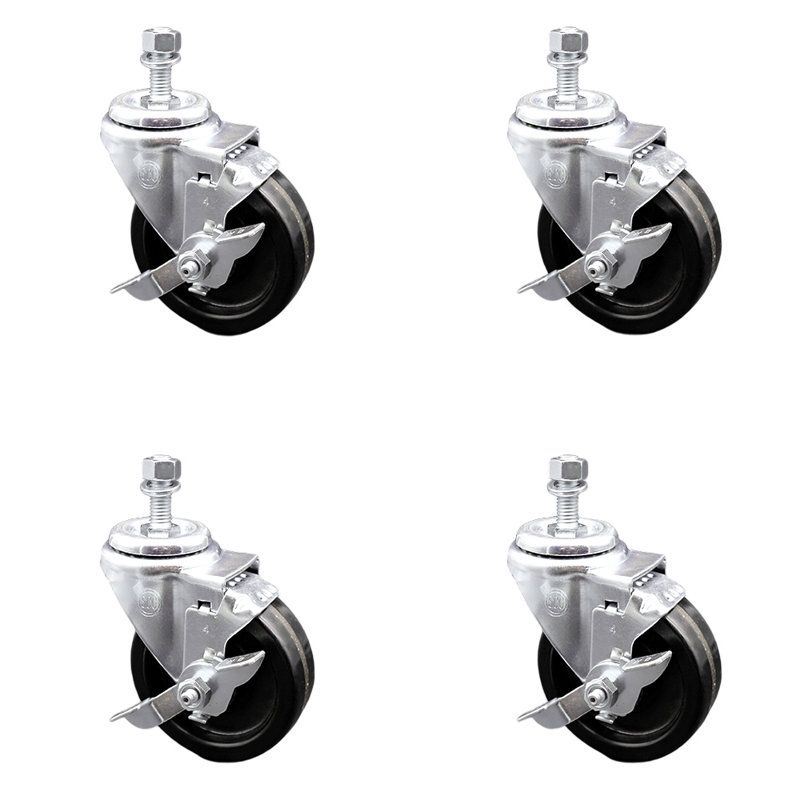 Ensemble de roulettes à tige filetée pivotante en acier inoxydable de 4 po et 3/8 de pouce, frein SCC