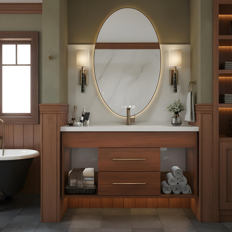 Armoire de salle de bain à simple cuve de style Mid-Century avec vasque encastrée en céramique intégrée