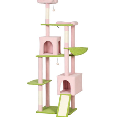 Large Cat Tower With Scratching Post & Board 74 Inch Flower Design For Multiple Cats, Soft Teddy Fleece, Stable Base