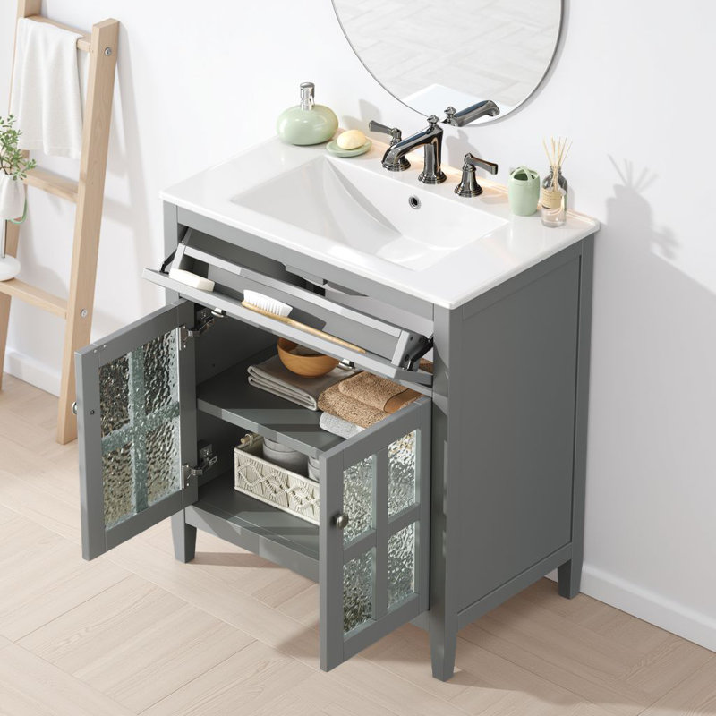 Meuble-lavabo autoportant de 30 po avec lavabo en céramique, portes en verre texturé et plateau basculant, Gris