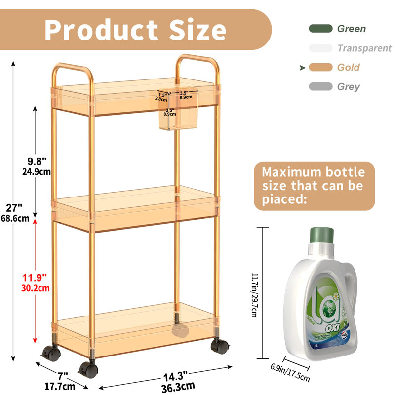 3-Tier Acrylic Shelf,Multi-functional Rolling Practical Rrolley,Flexible & Durable, Orange/Gold