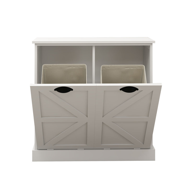 Two-Compartment Tilt-Out Laundry Sorter Cabinet - White MDF Laundry Storage with Removable Bags, Space-Saving Laundry Organizer for Home Laundry Room