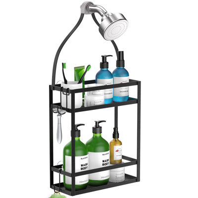 Panier de douche, organisateur de panier de douche suspendu au-dessus de la grande pomme de douche (noir mat)
