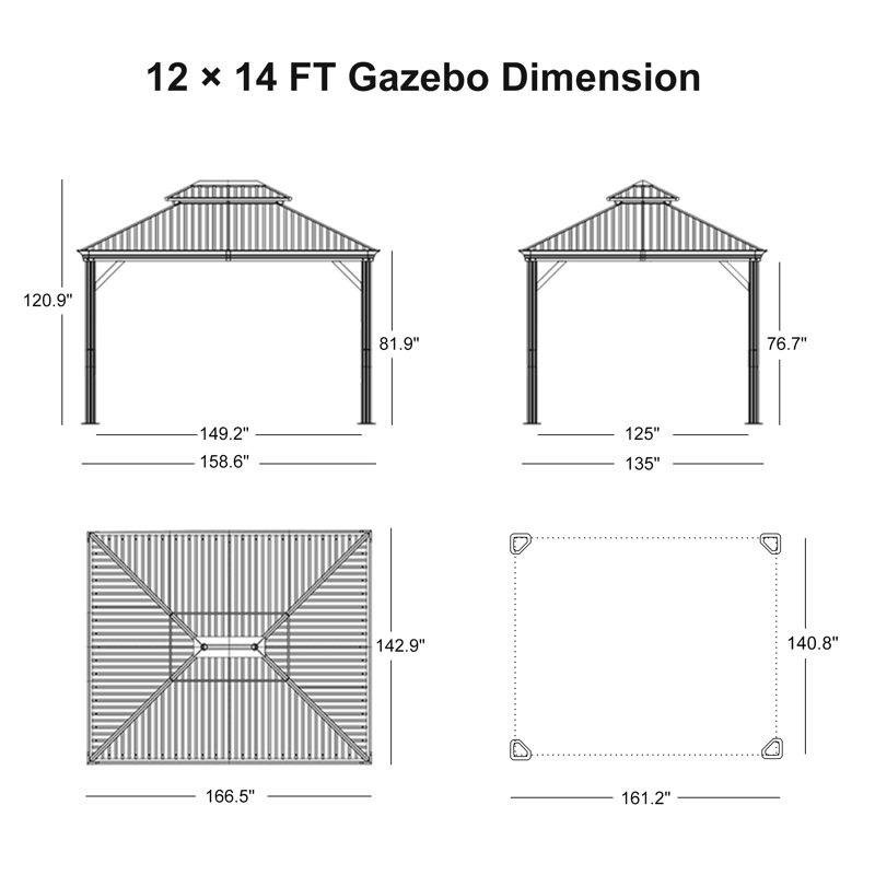 Pavillon de jardin permanent en aluminium 12 pi x 14 pi avec toit double en acier galvanisé pour terrasse et jardin, rideaux et filet inclus, gris