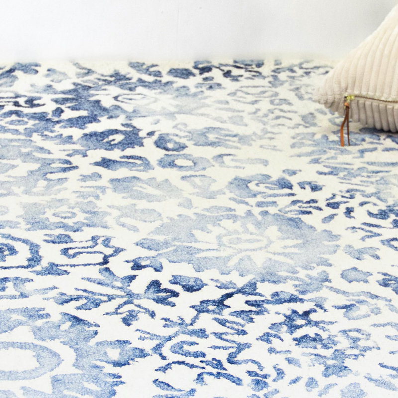 Tapis bleu marine / beige en laine touffeté à la main Florals Batik, Rectangle 2 pi x 3 pi