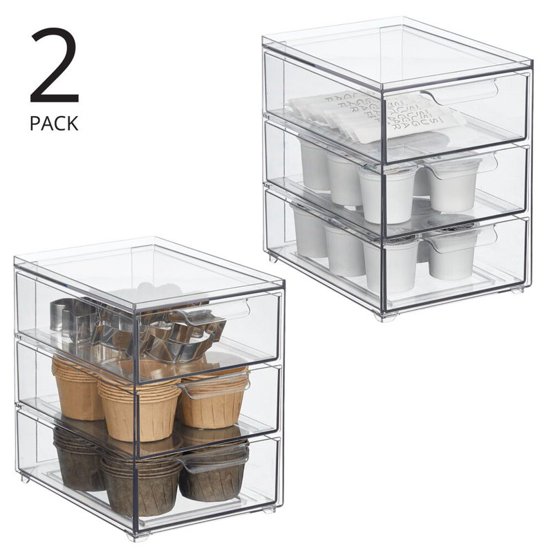 3-Drawer Stackable Organizer - Pull-Out Sliding Storage Drawers for Kitchen or Pantry - Clear