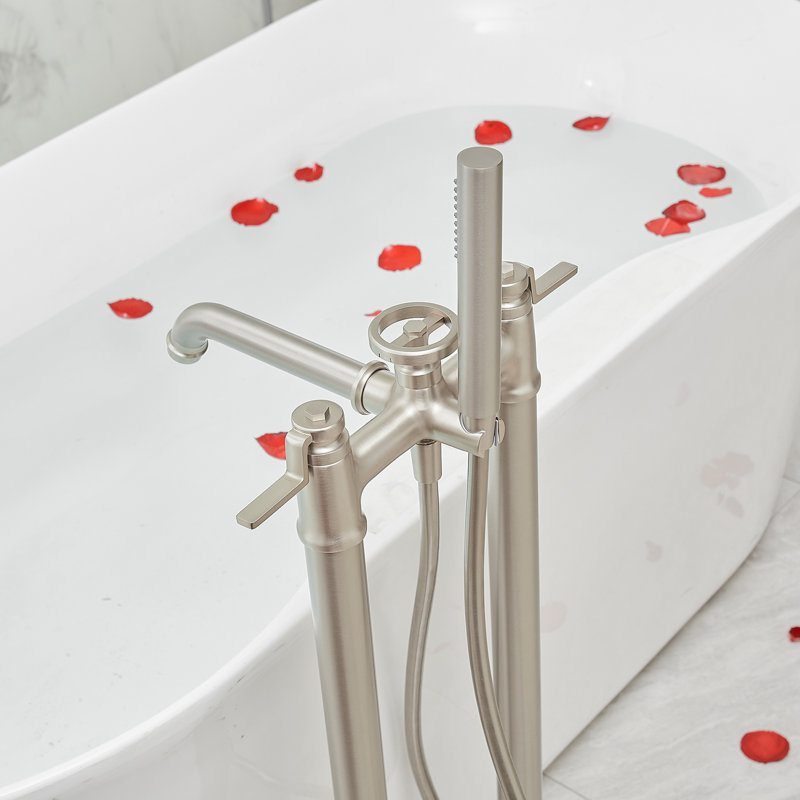 Robinet de baignoire autoportant à 3 poignées à fixation au sol de style industriel romain avec douche à main, Nickel brossé