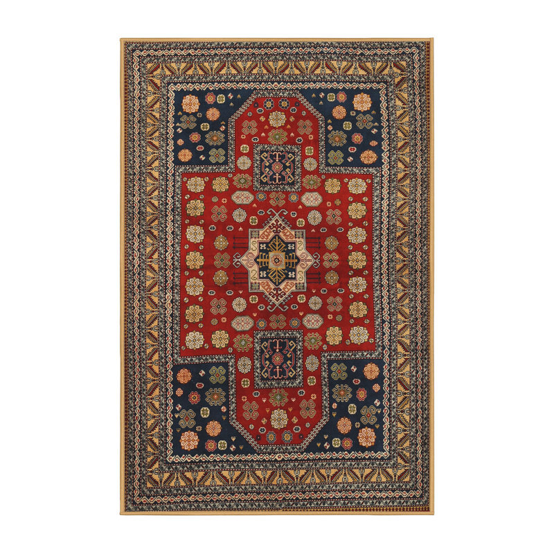 Tapis traditionnel rouge / bleu, Rectangle 5 pi x 8 pi