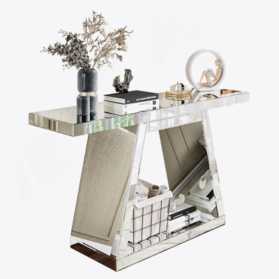 55.9" Modern Luxe Full-Body Mirror Entryway Table With Trapezoid Base – 360° Reflective Console Table, Sturdy Wooden Frame