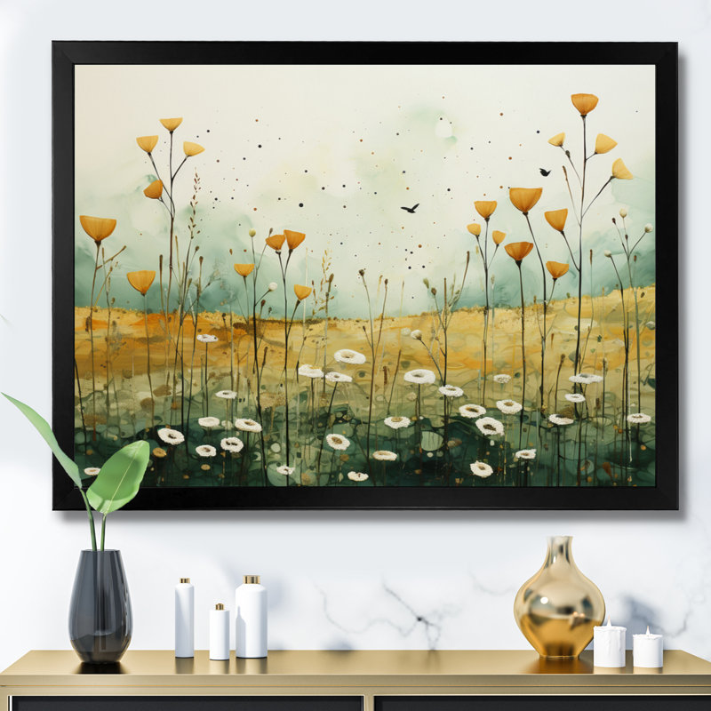 «Whispering Meadows I», art mural abstrait sur toile, Cadre simple noir, H 30 po x l 40 po x P 1,5 po
