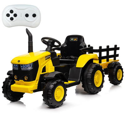 Tracteur 12 V pour enfant avec remorque détachable, télécommande pour les parents - deux moteurs 35 W, changement de vitesse à 3 vitesses, musique sans fil / USB, lumières DEL, klaxon, ceinture de sécurité