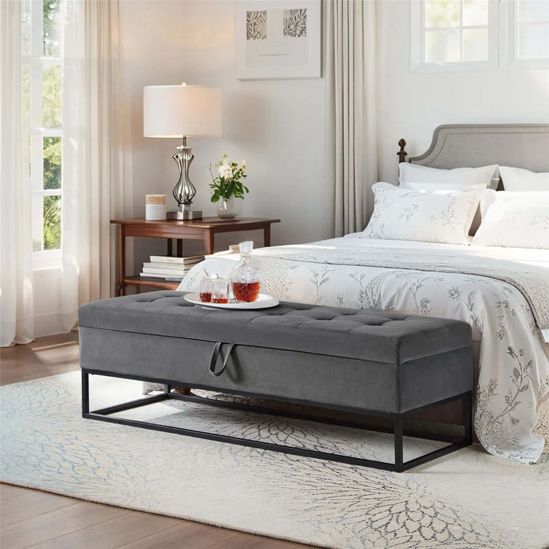 Banc de rangement en velours 58,6 po, Gris, Noir