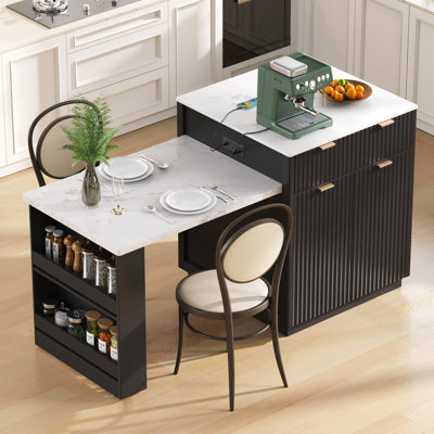82.6" Fluted Kitchen Island With Extendable Dining Table For 4-6, Island Table For Kitchen With Power Outlet, Kitchen Table With Double-side Storage, by Latitude Run