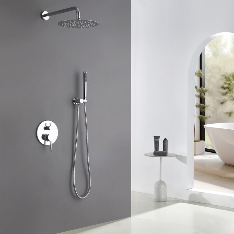 10" Wall Mounted Round Complete Shower System With Pressured Balanced Valve, Polished Chrome