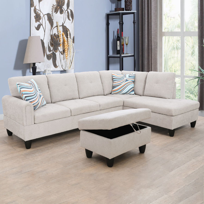 Canapé modulaire et méridienne 3 pièces avec repose-pieds Jacksmith, Face à la droite, Mélange de polyester blanc et gris