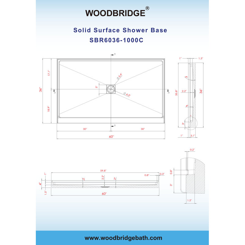 Base de plateau de douche 60 po x 36 po à simple seuil avec ensemble de bonde et couvercle de bonde inclus, antidérapant