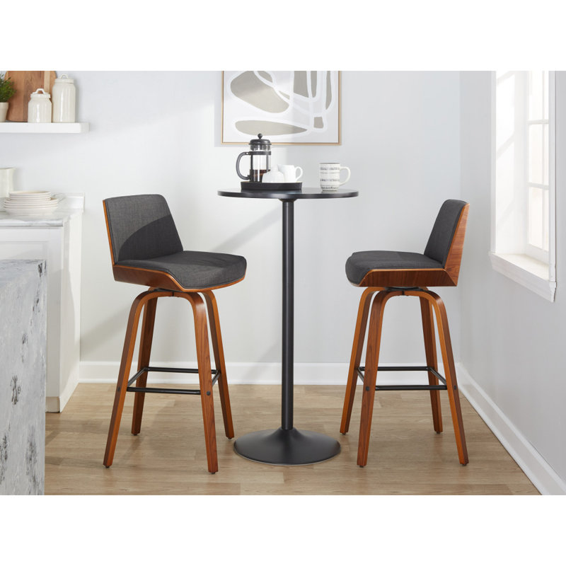 Fixed-Height Barstool With Swivel In Walnut Wood And Charcoal Fabric With Square Black Metal Footrest - Set Of 2