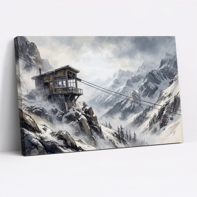 Toile murale d'Halloween représentant un chalet enneigé sur une falaise rocheuse, 12"H x 18"W