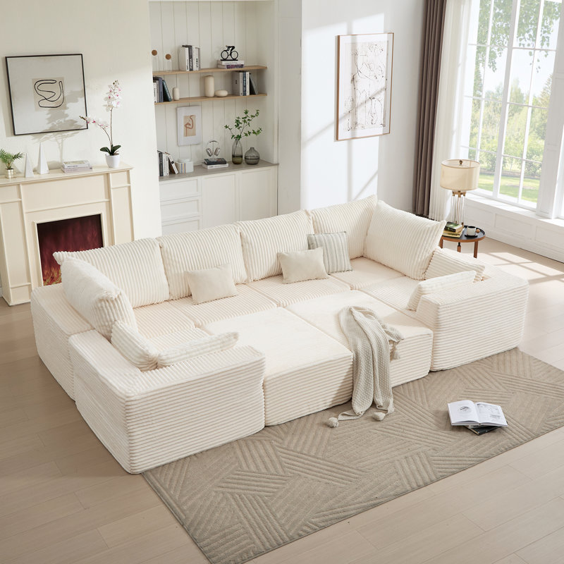 Boneless 137" Oversized Modular Sectional , Combined Sofa Bed Corduroy Fabric Sofa Set For Living Room, Cream Corduroy