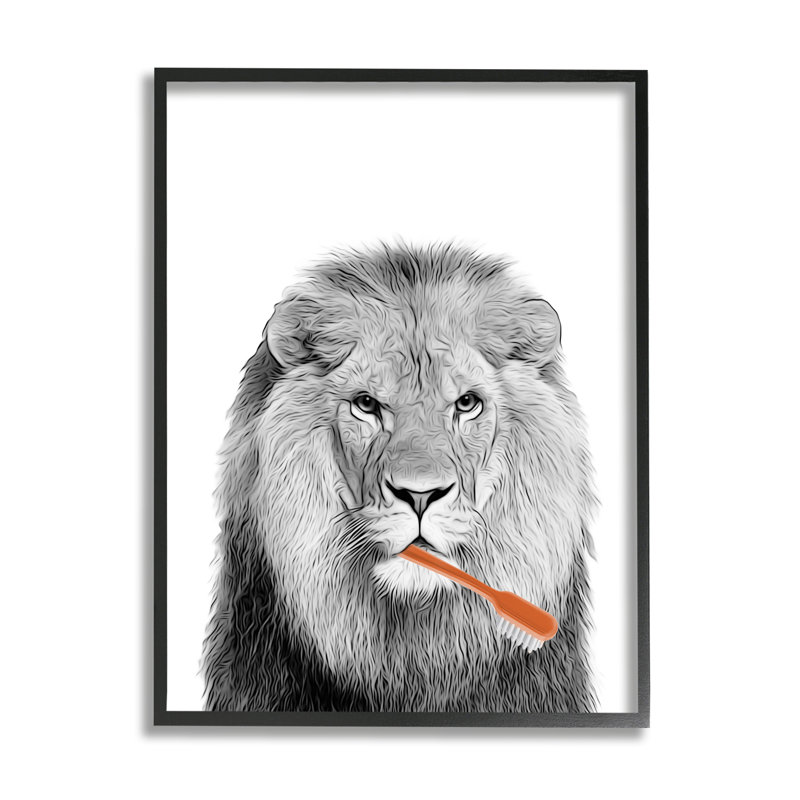 Lion, brossant les dents, salle de bain sur bois par Annalisa Latella, impression, H 24 po x l 30 po x P 1,5 po