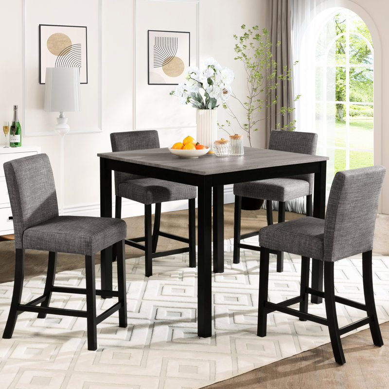 Table de salle à manger à hauteur de comptoir avec 4 chaises, grises et noires, pieds en bois, coussins de siège confortables, design compact 5 et bicolore noir, bois d'hévéa, sièges,