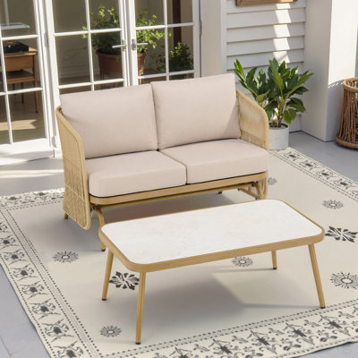 2-Person All-Weather Pe Rattan Glider Loveseat With Coffee Table, Outdoor Patio Sofa Set With Beige Cushions (Weather-Resistant)