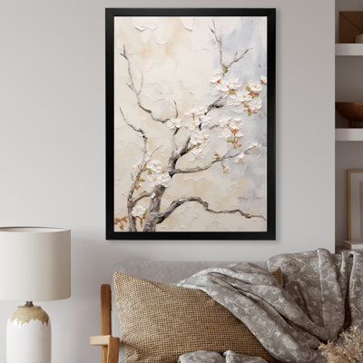 Minimalism White And Grey Cherry Blossom IV - Cherry Blossom Canvas Wall Art